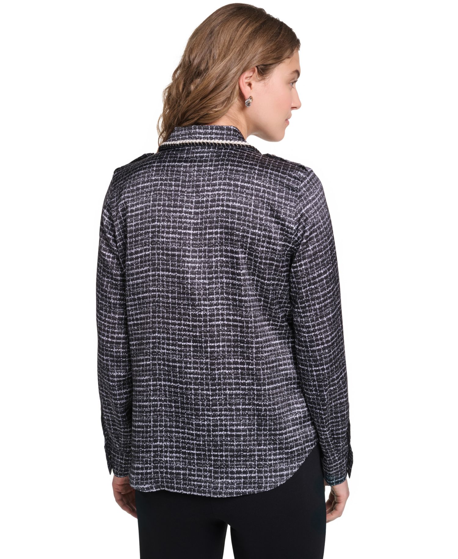 Petite Print Tweed Trim Top
