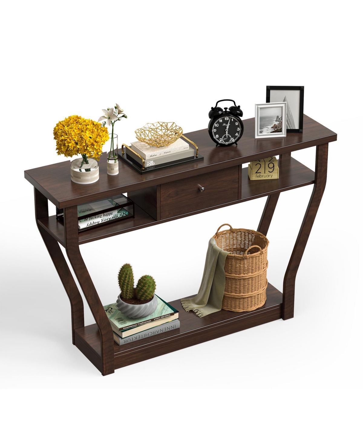 Gouun Slim Sofa Console Accent Table with Drawer and Tiered Shelves