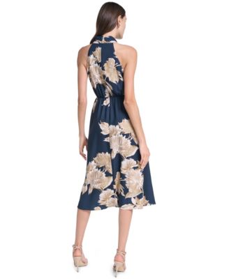 calvin klein summer dresses Women's Short Sleeve Collared Floral Print Midi Dress Zipper Closure Calvin Klein Collection Vintage Spring