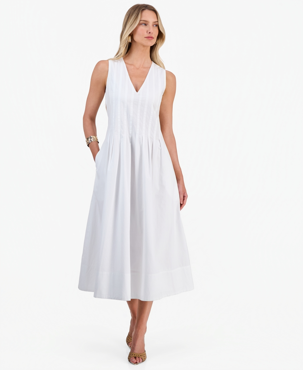 I.n.c. International Concepts Women's Pleated Double V-Neck Midi Dress, Macy's Exclusive