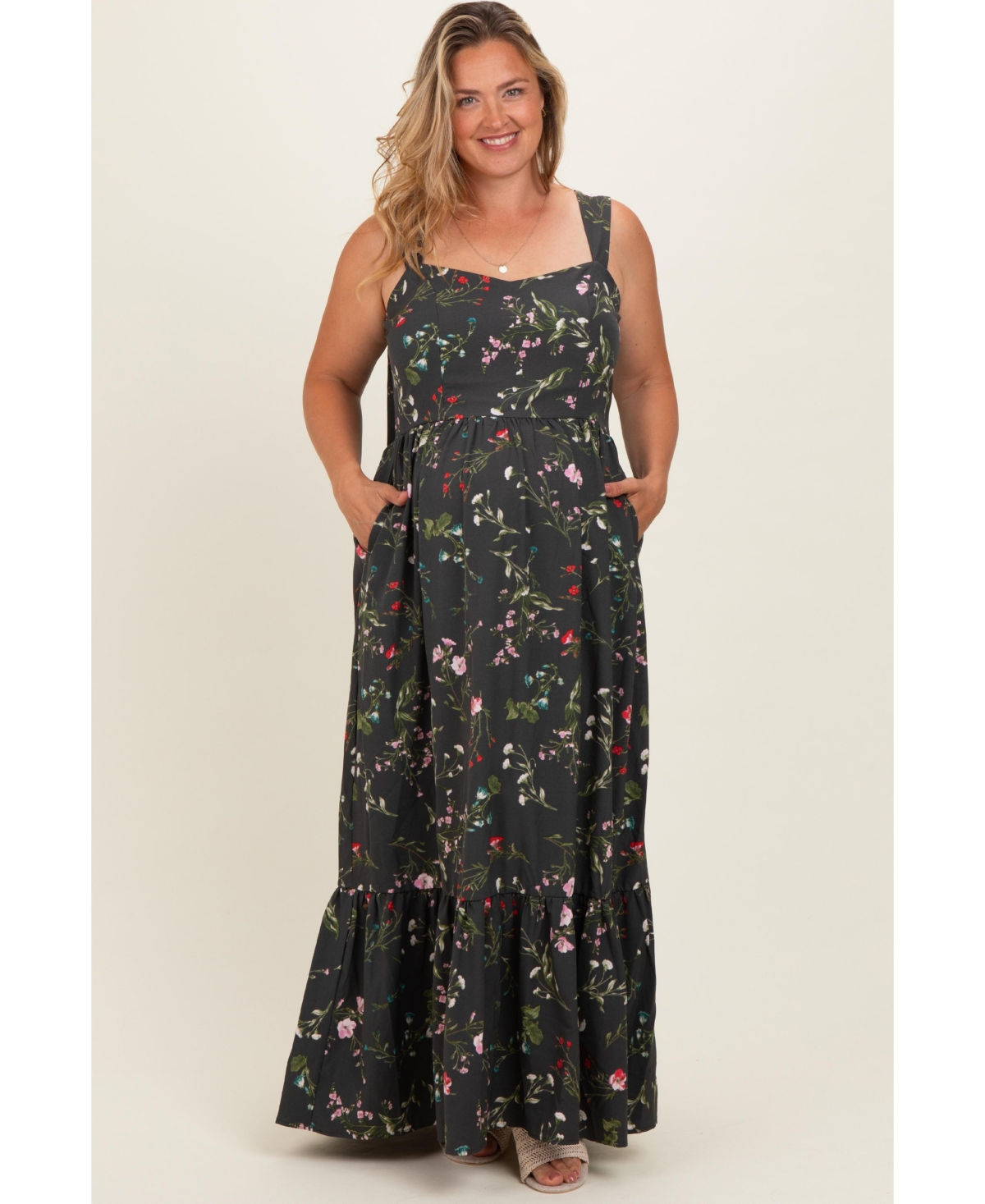 Pinkblush Plus Forest Green Floral Bow Strap Maxi Dress