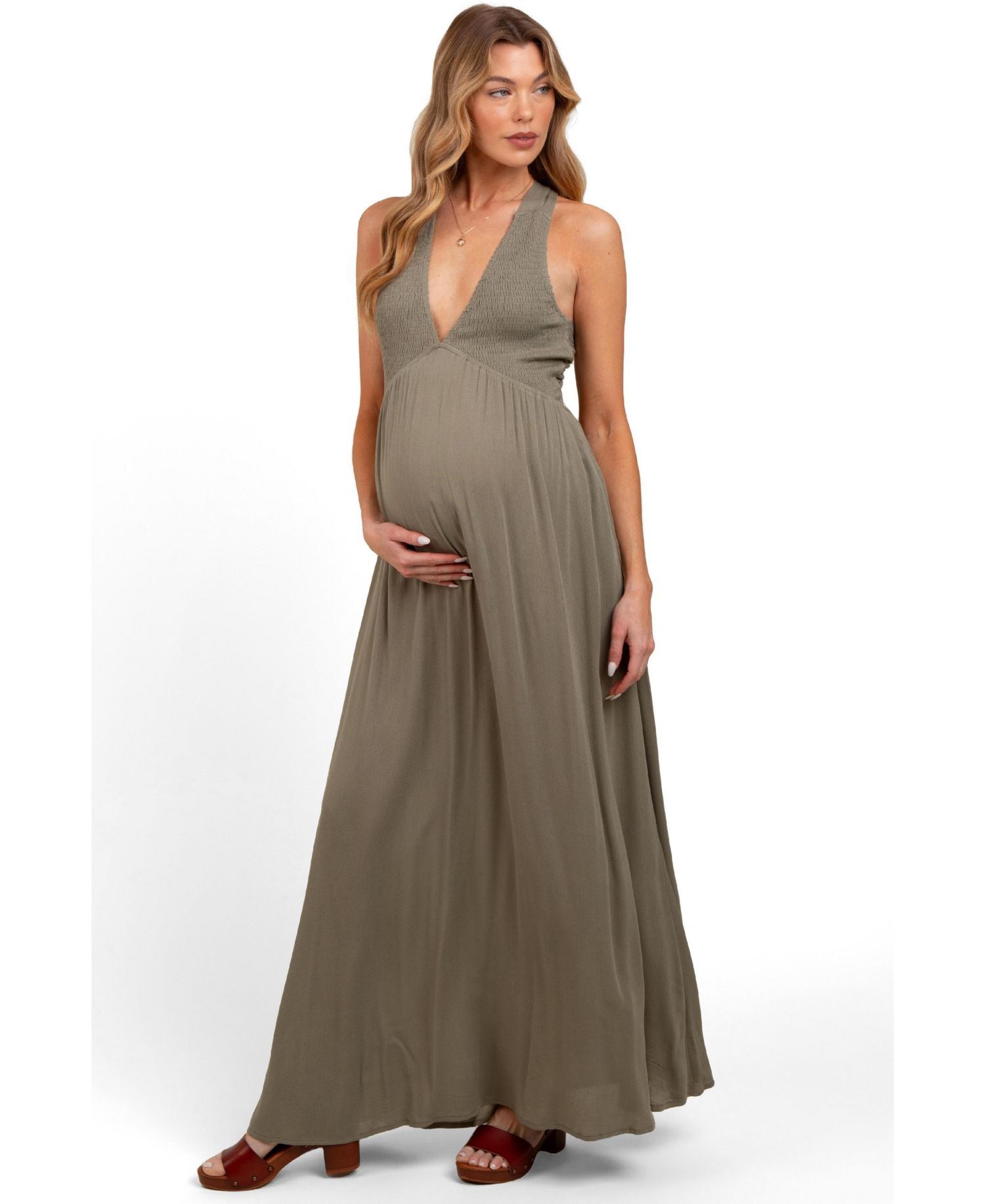 Women's Olive Deep V-Neck Cross Back Maxi Dress