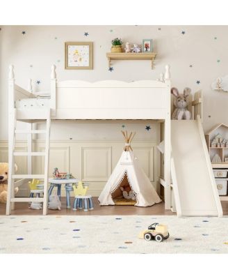 Twin Loft Bed with Storage, Wardrobe, Slide, and Ladders, Solid Wood
