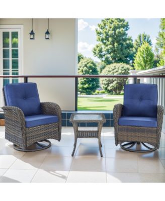 3Pieces Patio Furniture Set, Outdoor Swivel Rocker Chairs, Wicker Patio Bistro Set with Rocking Chair, Thick Cushions and Glass Coffee Table