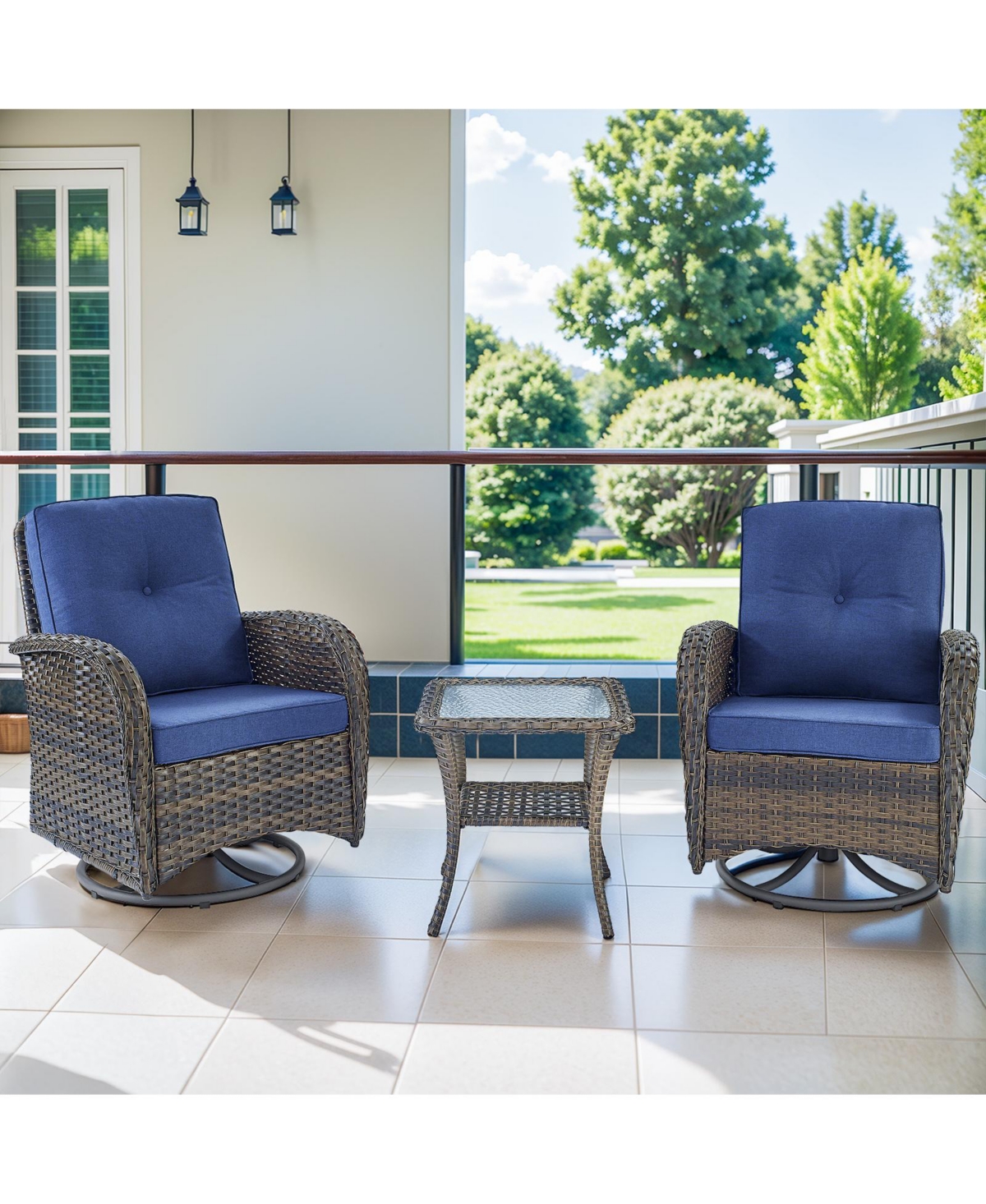 Pocassy 3Pieces Patio Furniture Set, Outdoor Swivel Rocker Chairs, Wicker Bistro Set with Rocking Chair, Thick Cushions and Glass Coffee Table