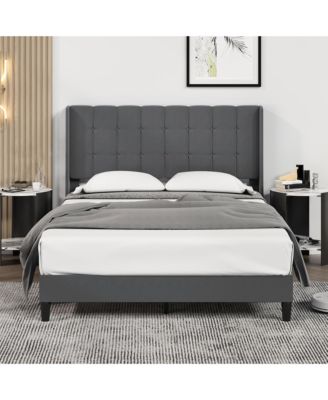 Bed Frame,Platform Bed Frame with Upholstered Headboard and Wing Back, Button Tufted Design Headboard,Batten Bracing, No Spring Box Needed