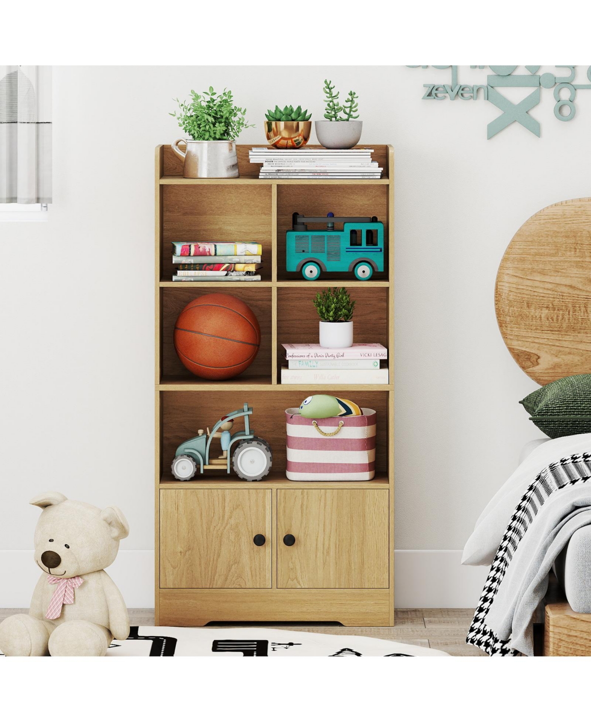 Slickblue Modern 4-Tier Bookshelf with 4 Cubes and 2 Storage Doors