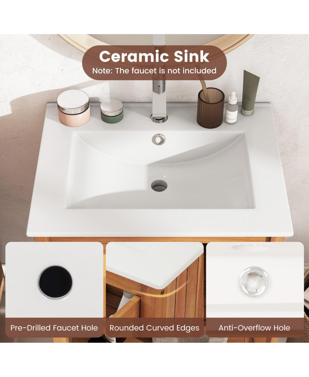 Volenca Bathroom Vanity with Ceramic Sink, Rattan Doors, and Slatted Shelf