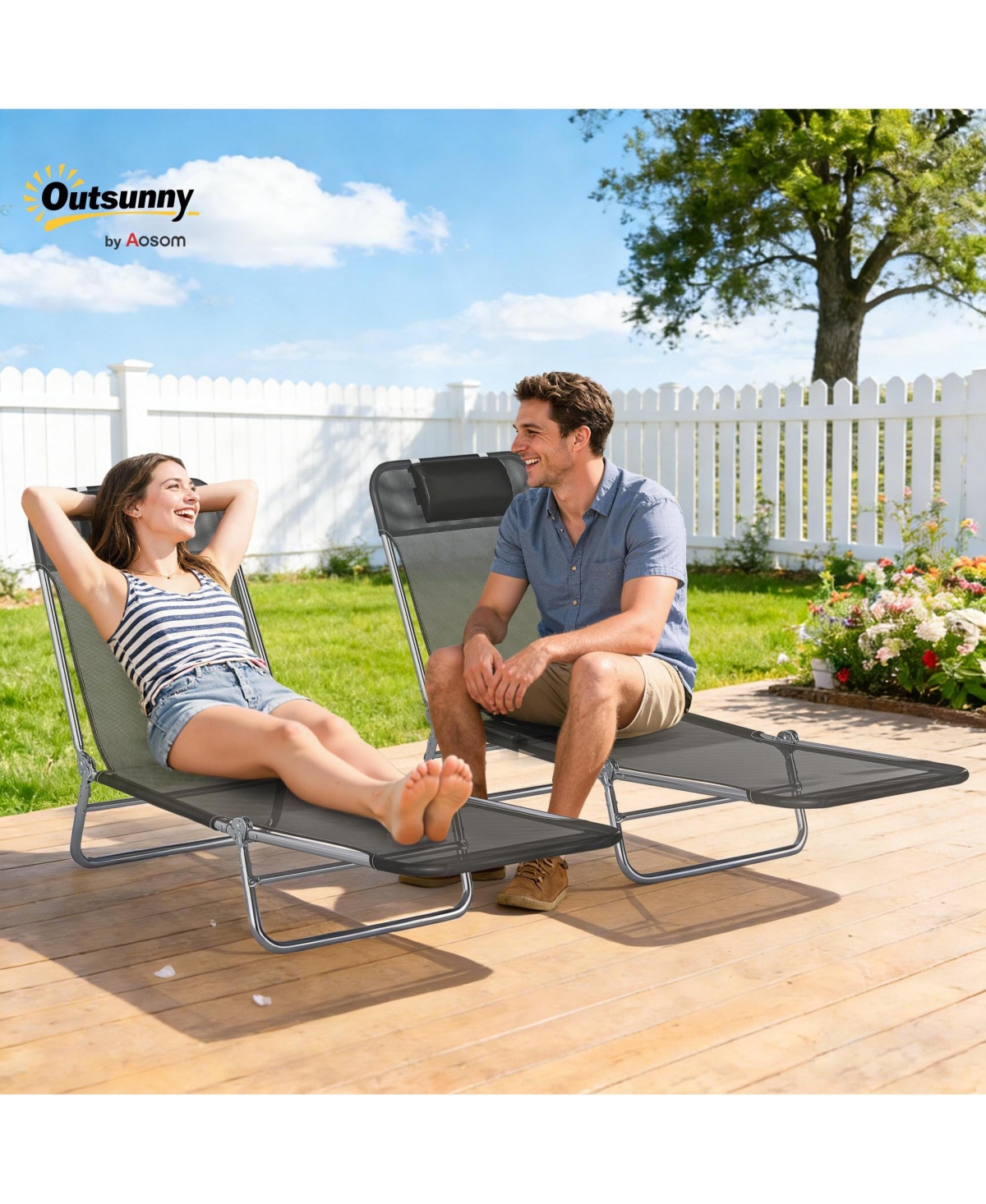 Aofar 2 Piece Folding Chaise Lounge Chairs Reclining Mesh Headrest Pool Beach Patio