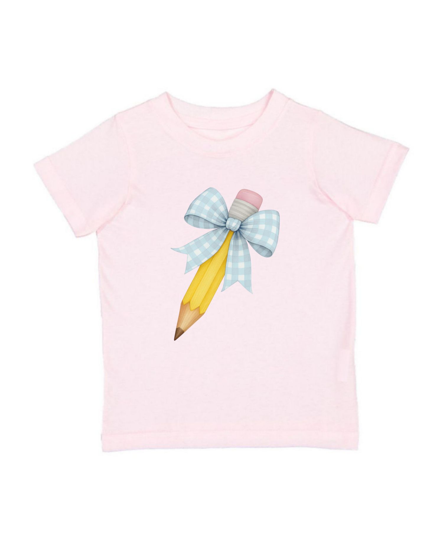 Little Girls Blue Plaid Pencil Bow Short Sleeve T-Shirt