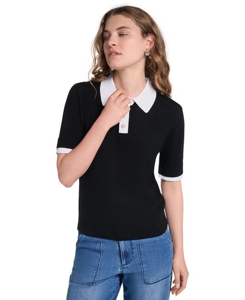 Женский свитер KARL LAGERFELD PARIS Petite Short-Sleeve Contrast Collar, цвет: Чёрный / Мягкий белый