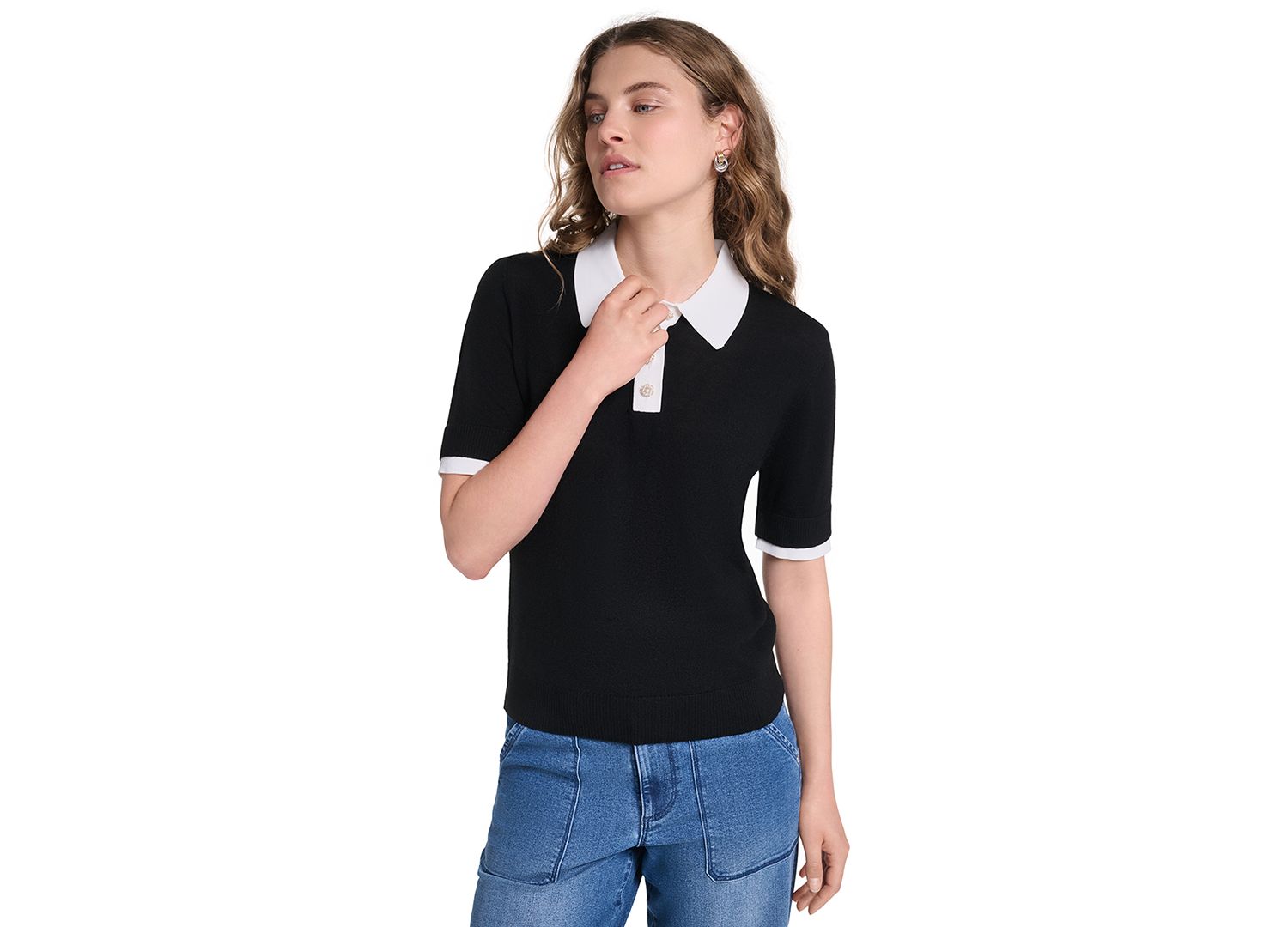 Petite Short-Sleeve Contrast Collar Sweater