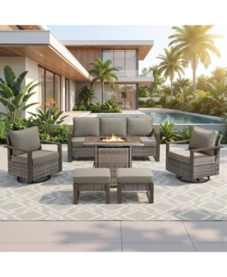 6-Piece Wicker Patio Furniture Set, Wicker Swivel Chairs, Outdoor Deep Seating Conversation Sets with Fire Pit Table and Ottomans