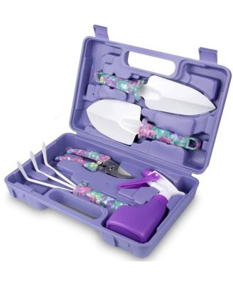 Garden Tools Set With Floral Handle Trowel Rake Weeder Pruner Sprayer Case