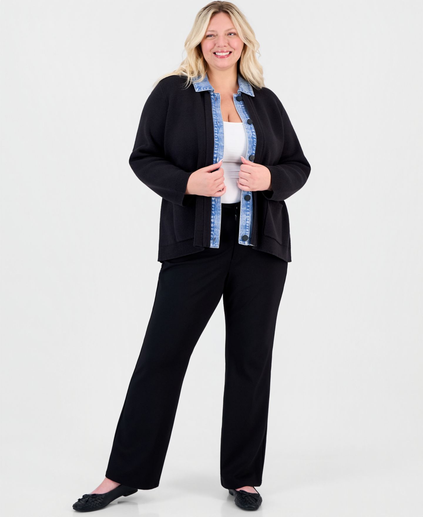 Женский кардиган Jones New York Plus Size Notch Collar Denim, цвет: Чёрный — фото 3