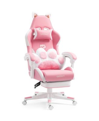 Gaming Chair Cute, with Cat Ears Paw Lumbar and Cushion, Leather Fabric, 6-Position Recline, 310lbs Computer