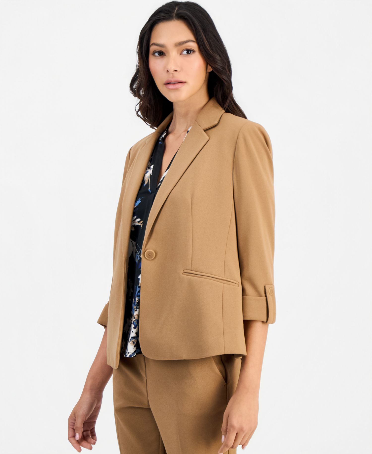 Petite 3/4-Sleeve One-Button Blazer, Printed Elbow-Sleeve Split-Neck Top & Pull-On Straight-Leg Pants