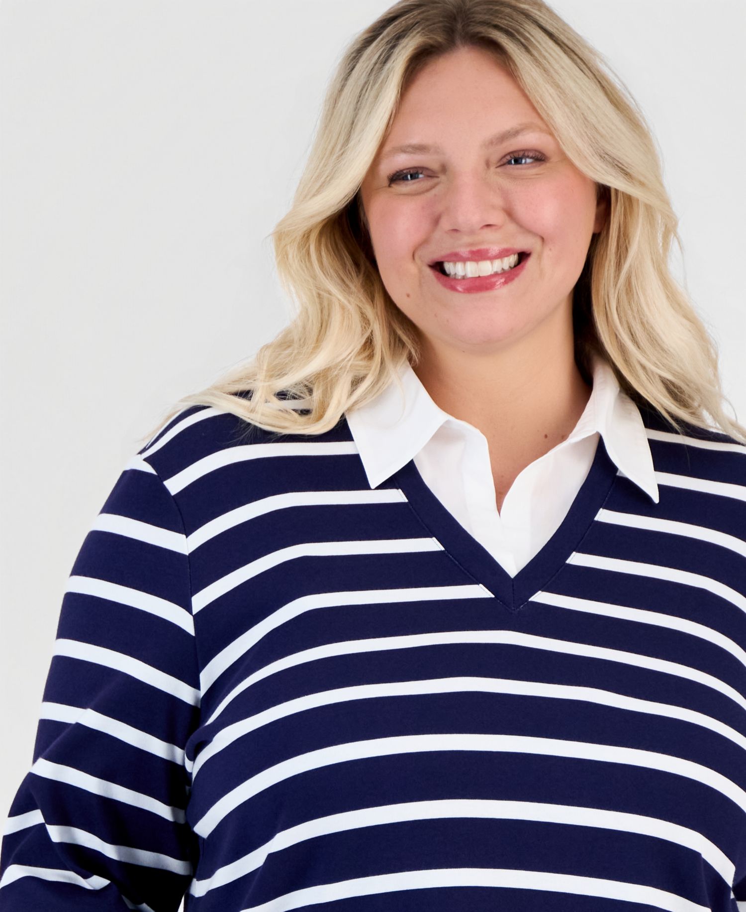 Petite Long-Sleeve Striped V-Neck T-Shirt