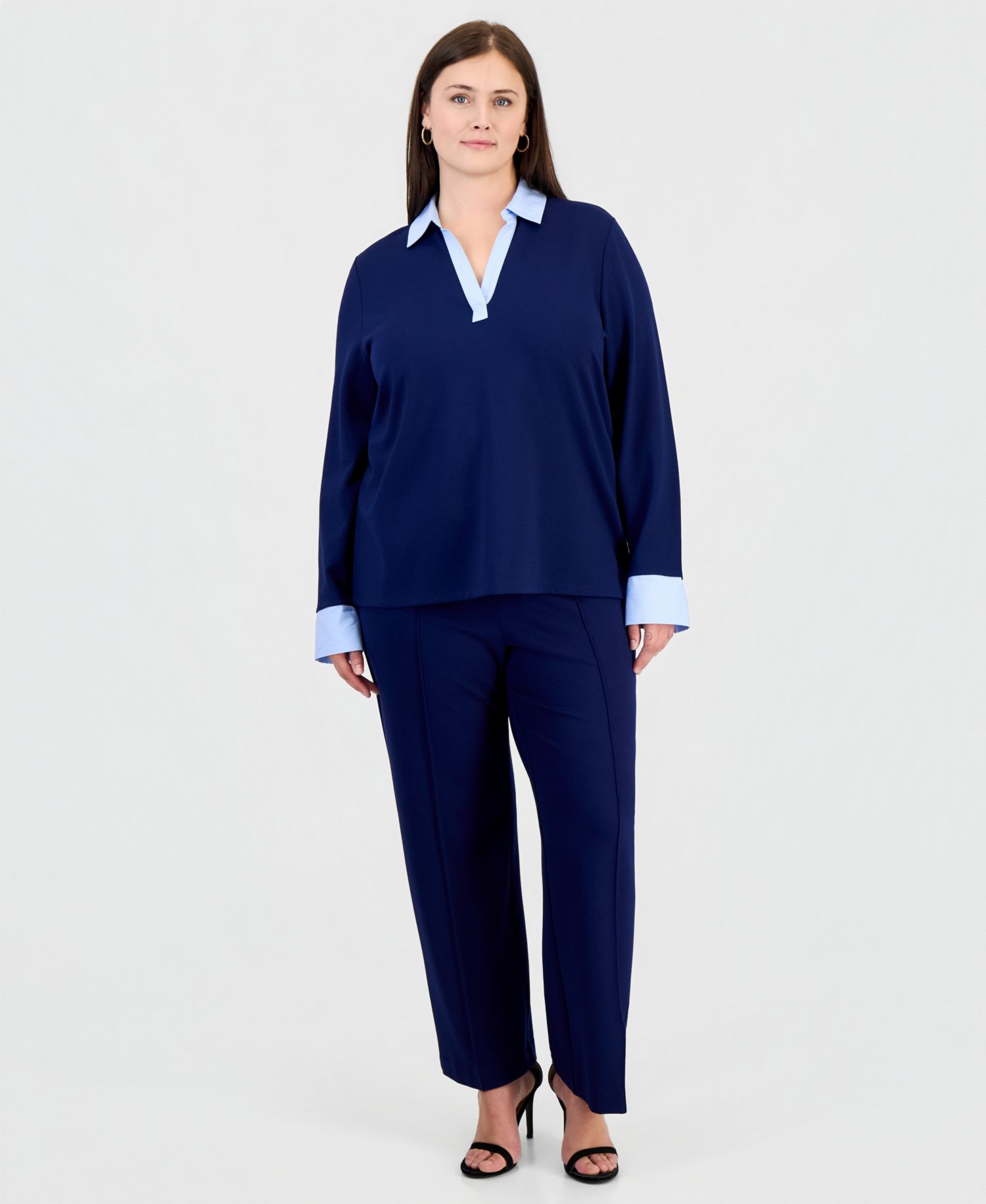 Plus Size Twofer Long-Sleeve Collared V-Neck Woven-Cuff Blouse