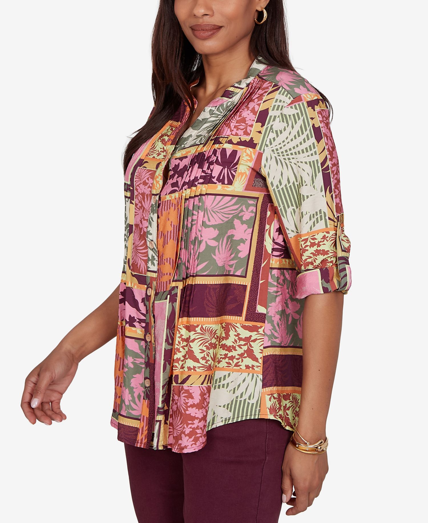 Petite Tropical Patchwork Voile Button-Front Top