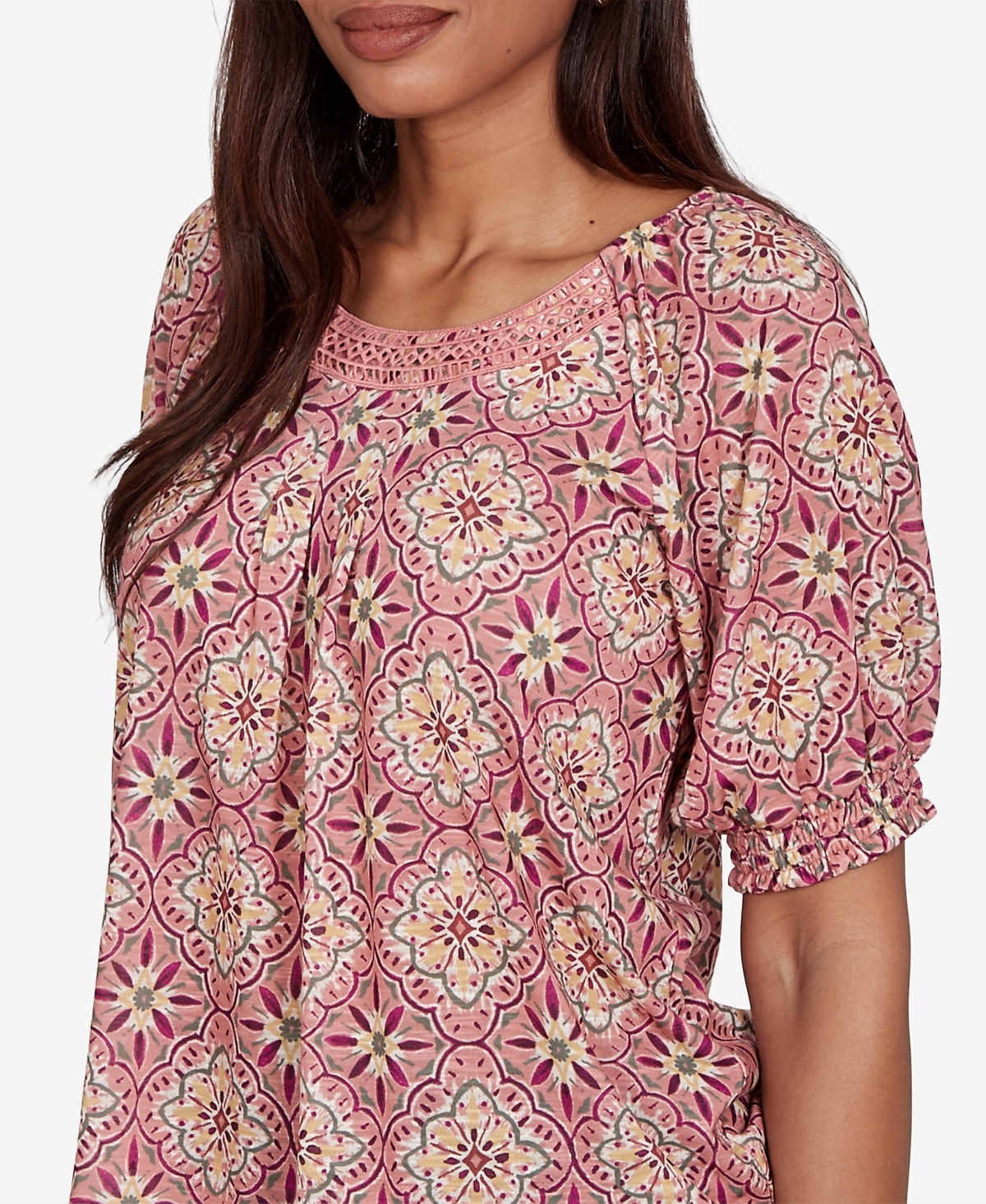 Ruby Rd. Petite Desert Geo Print Lace Trim Knit Top