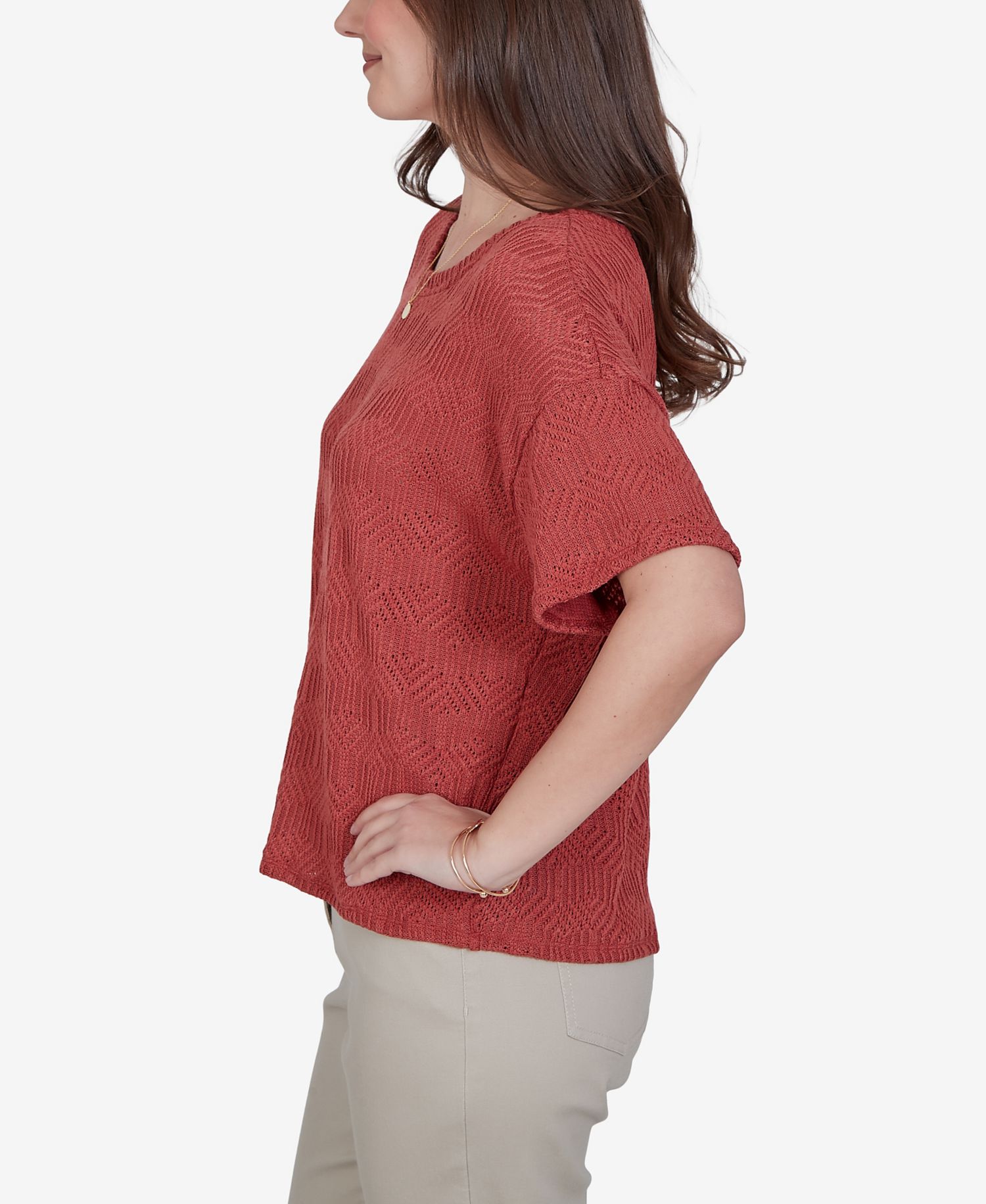 Petite Crochet Diamond Textured Knit Top