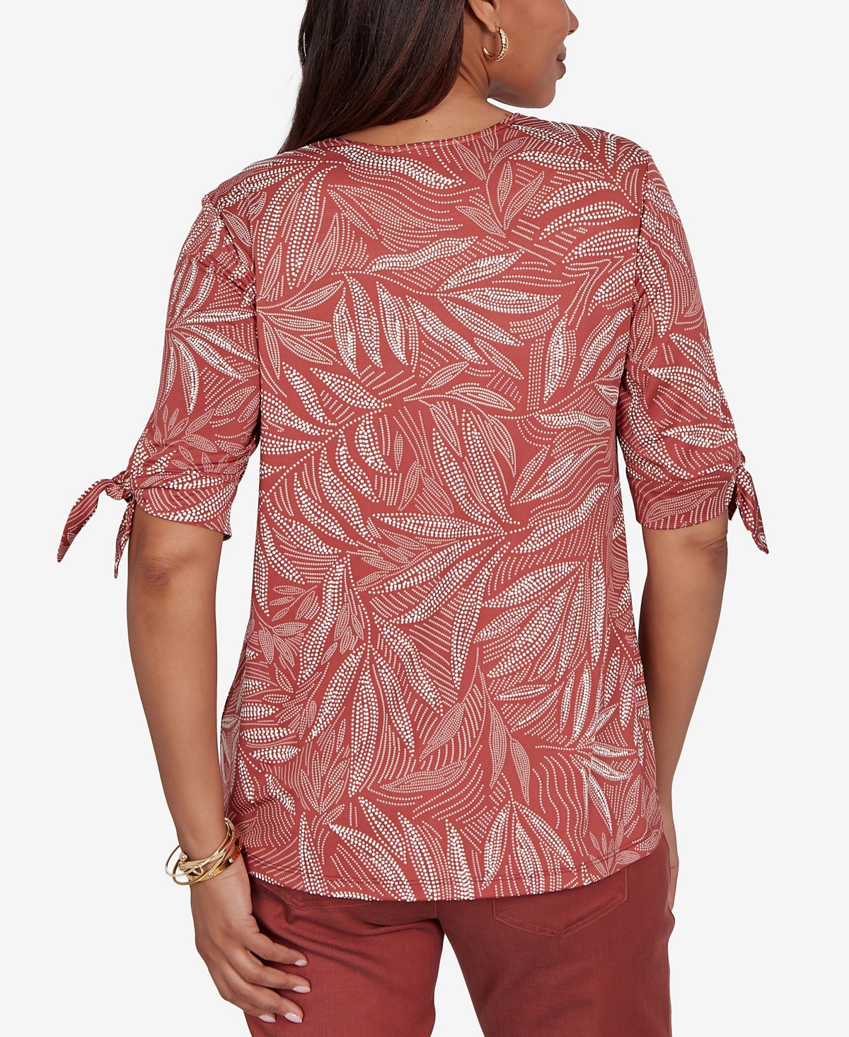 Ruby Rd. Petite Leaf Puff Print Knit Tie Sleeve Top