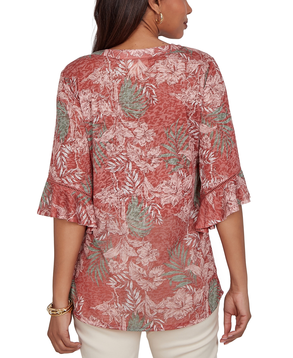 Ruby Rd. Petite Tropical Floral Burnout Split Neck Top