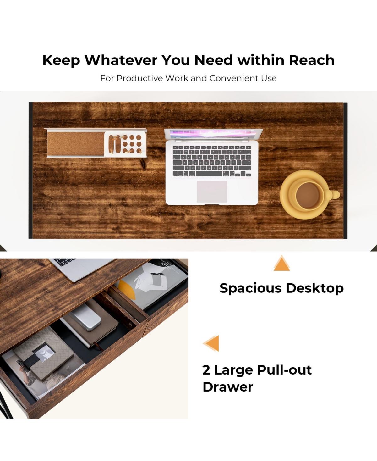 Gouun 2-Drawer Home Office Writing Desk with Reinforced Steel X-Frame