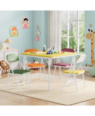 5-Piece Kids Folding Table and Chairs Set – PU Cushioned Square Table, Durable Metal Frame, Portable, Space-Saving, Ideal for Dining, Crafts