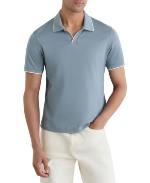 Мужское поло REISS Nico Airwater Cotton Tipped Open Collar Polo Shirt, цвет: Пыльный синий