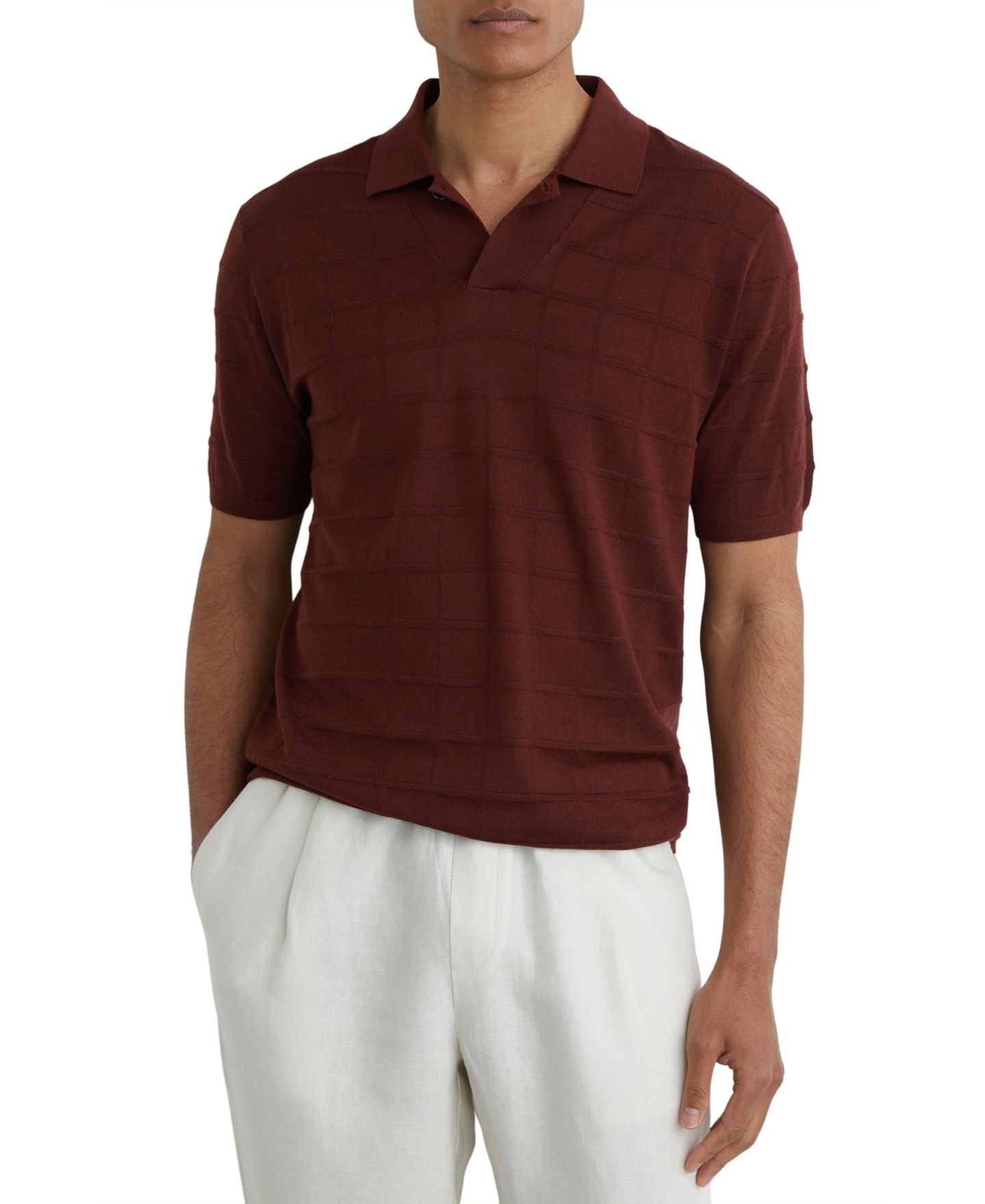 Мужское поло REISS Serval Open Collar Check Textured Polo Shirt, цвет: Бордо — фото 1