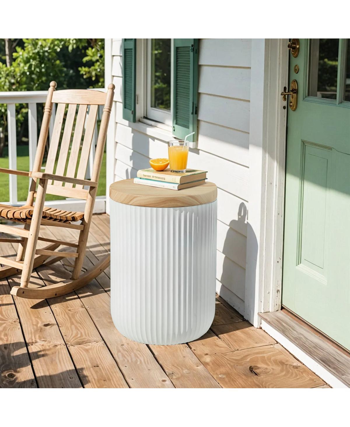 Erommy Outdoor Side Table with Storage, Round MgO Material, Accent Table for Patio and Indoor Use