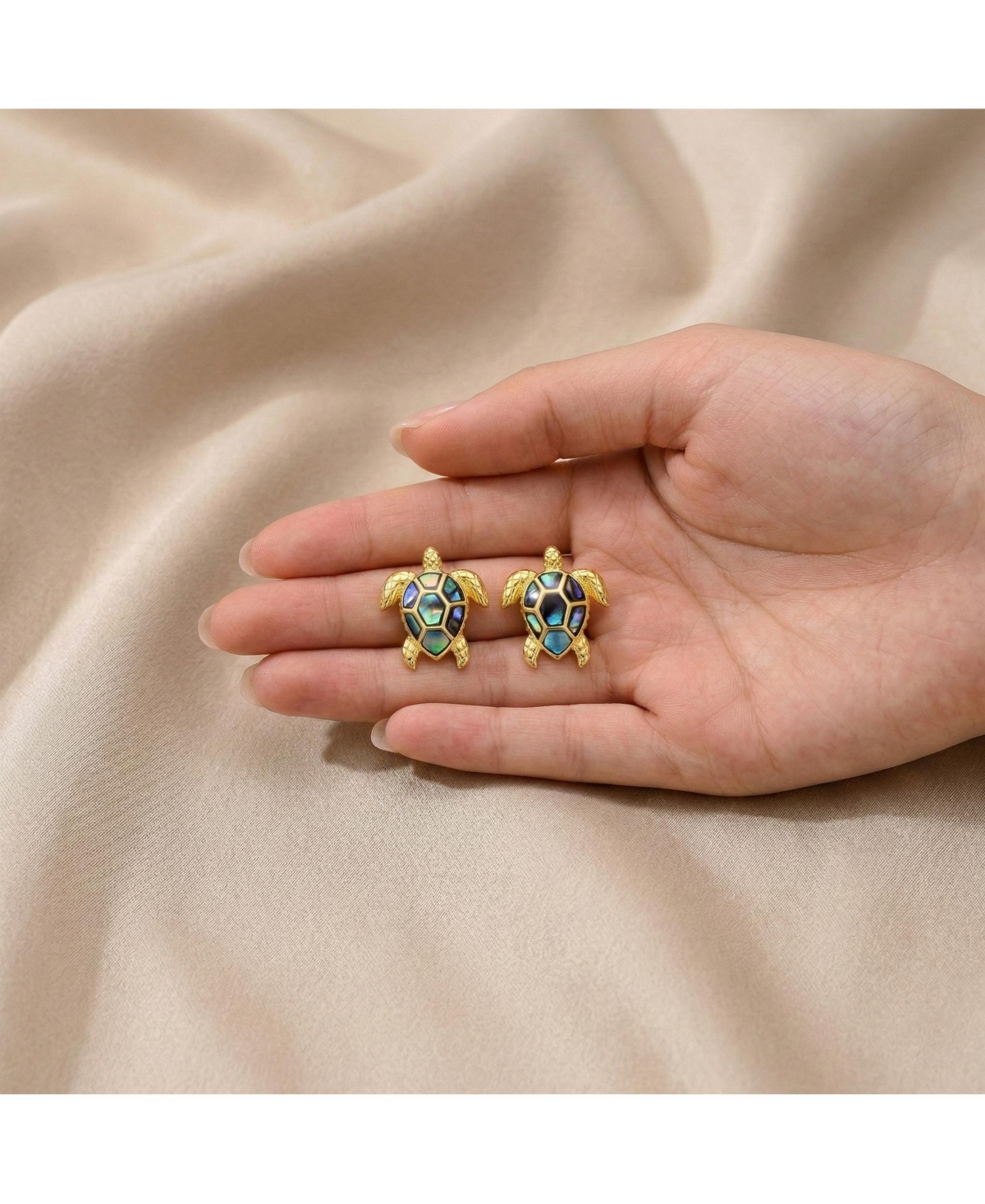 Genevive Sterling Silver 14k Gold Plated with Shimmering Abalone Shell Inlay Sea Turtle Stud Earrings
