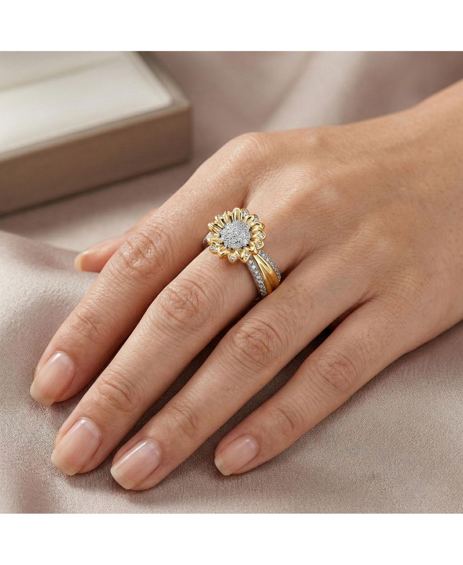 Unique Two-Tone Plated Radiant Pave CZ Floral Band Ring