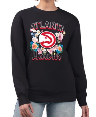 Women's Black Atlanta Hawks Flowers Team Logo Graphic Fleece Crewneck Pullover Sweatshirt