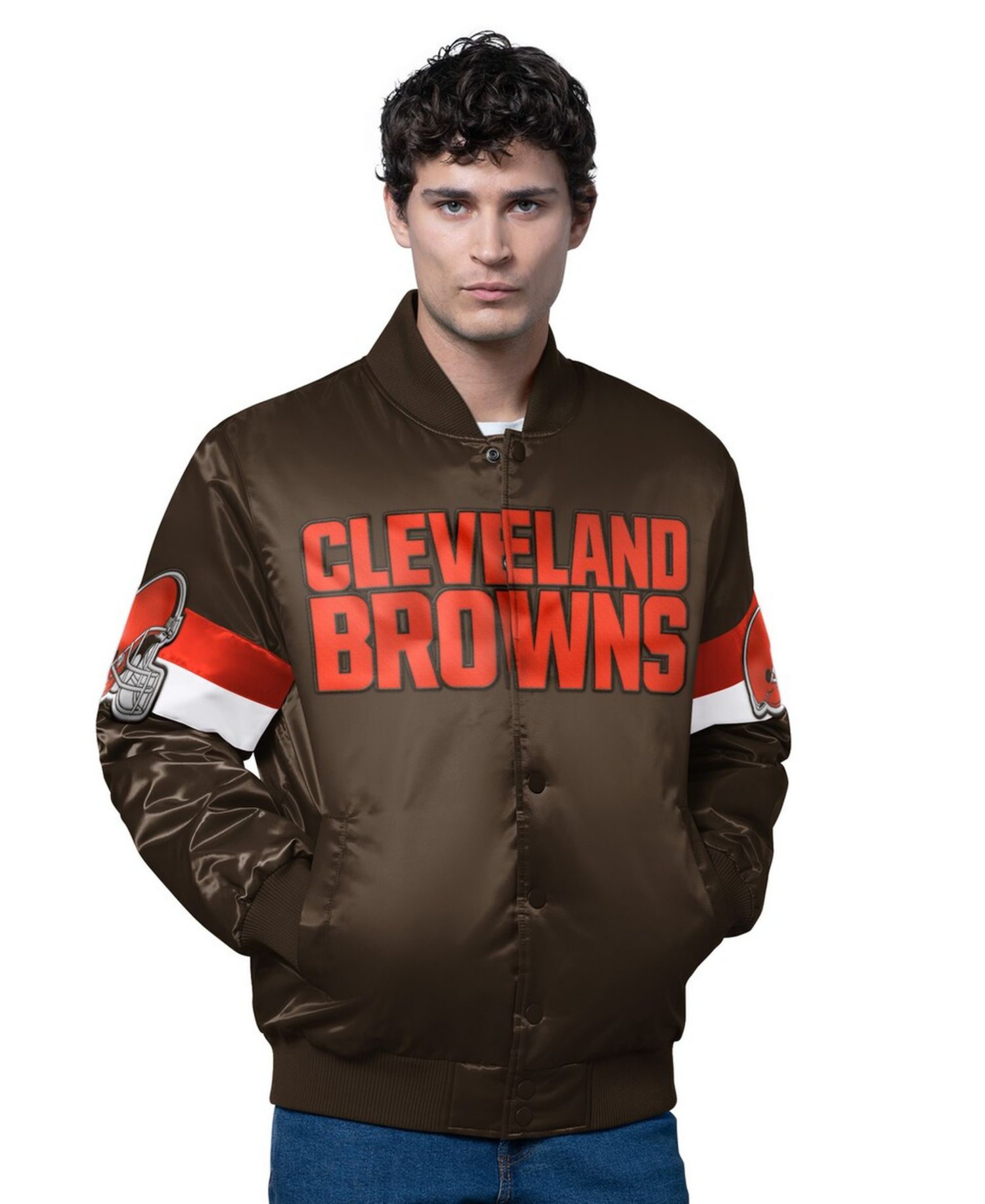 Men's Brown Cleveland Browns Triple Option Satin Varsity Full-Snap Jacket