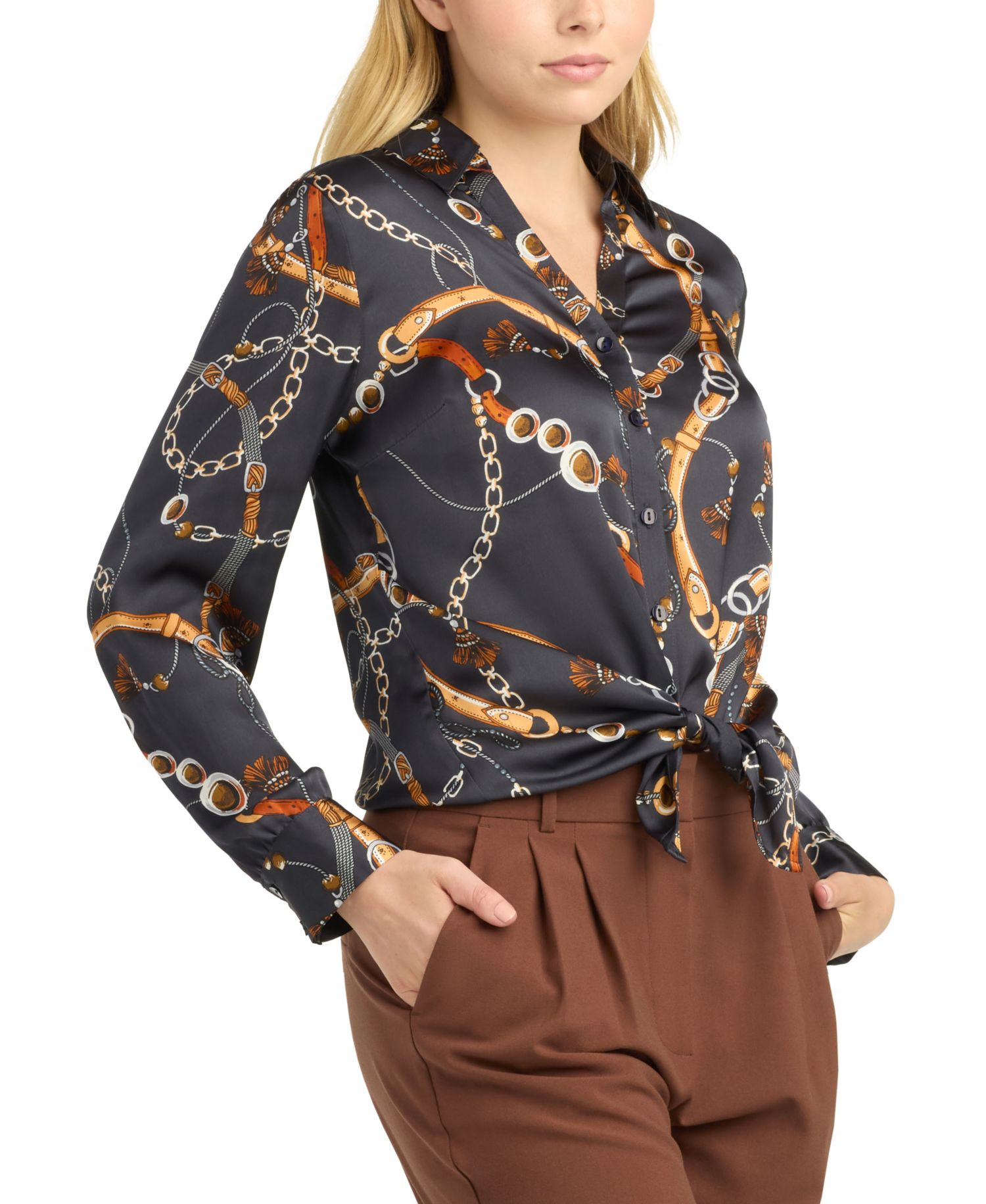 Juniors' Collared Printed Satin Top