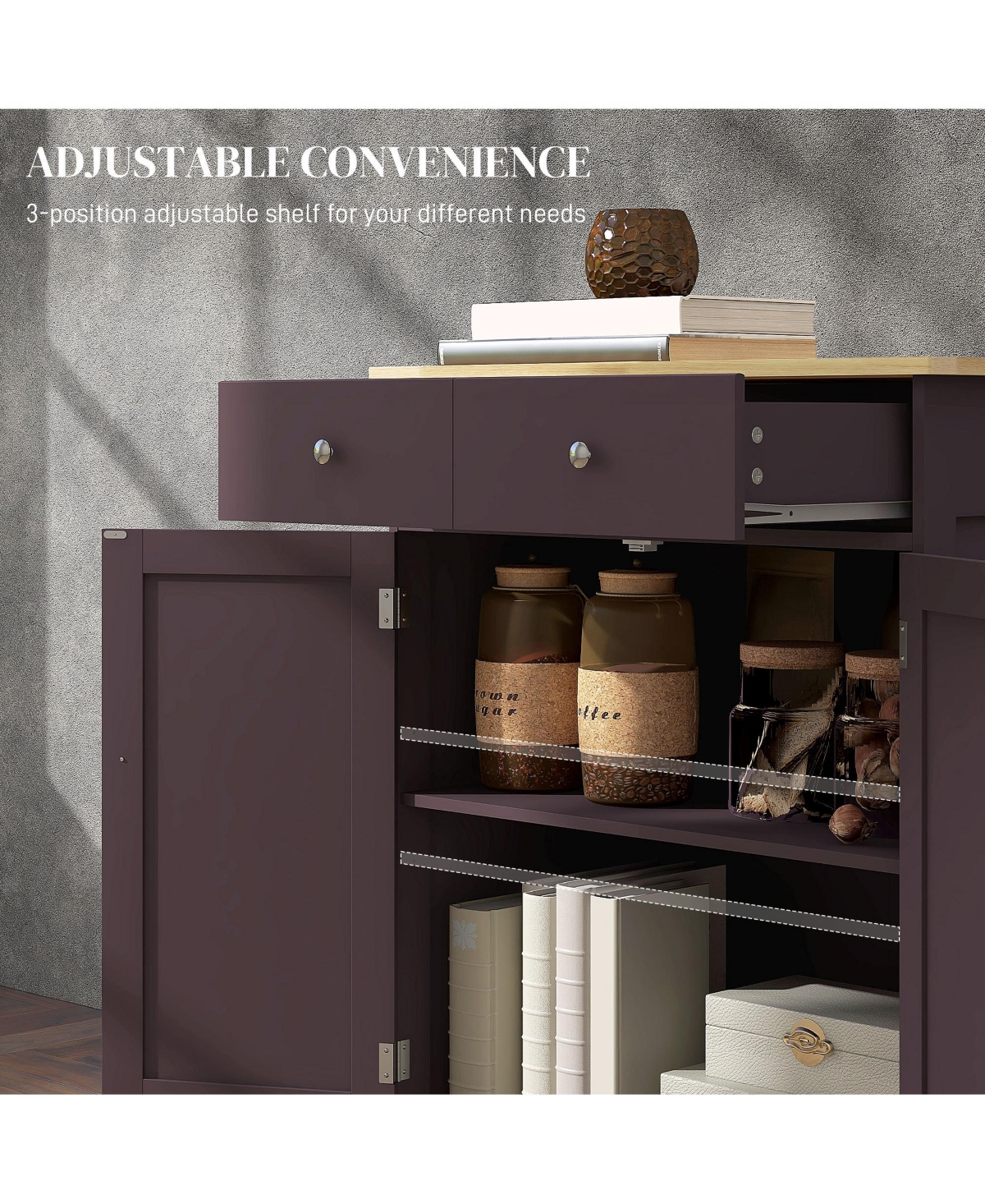 Flynama Coffee Sideboard with Solid Wood Countertop and Adjustable Shelf