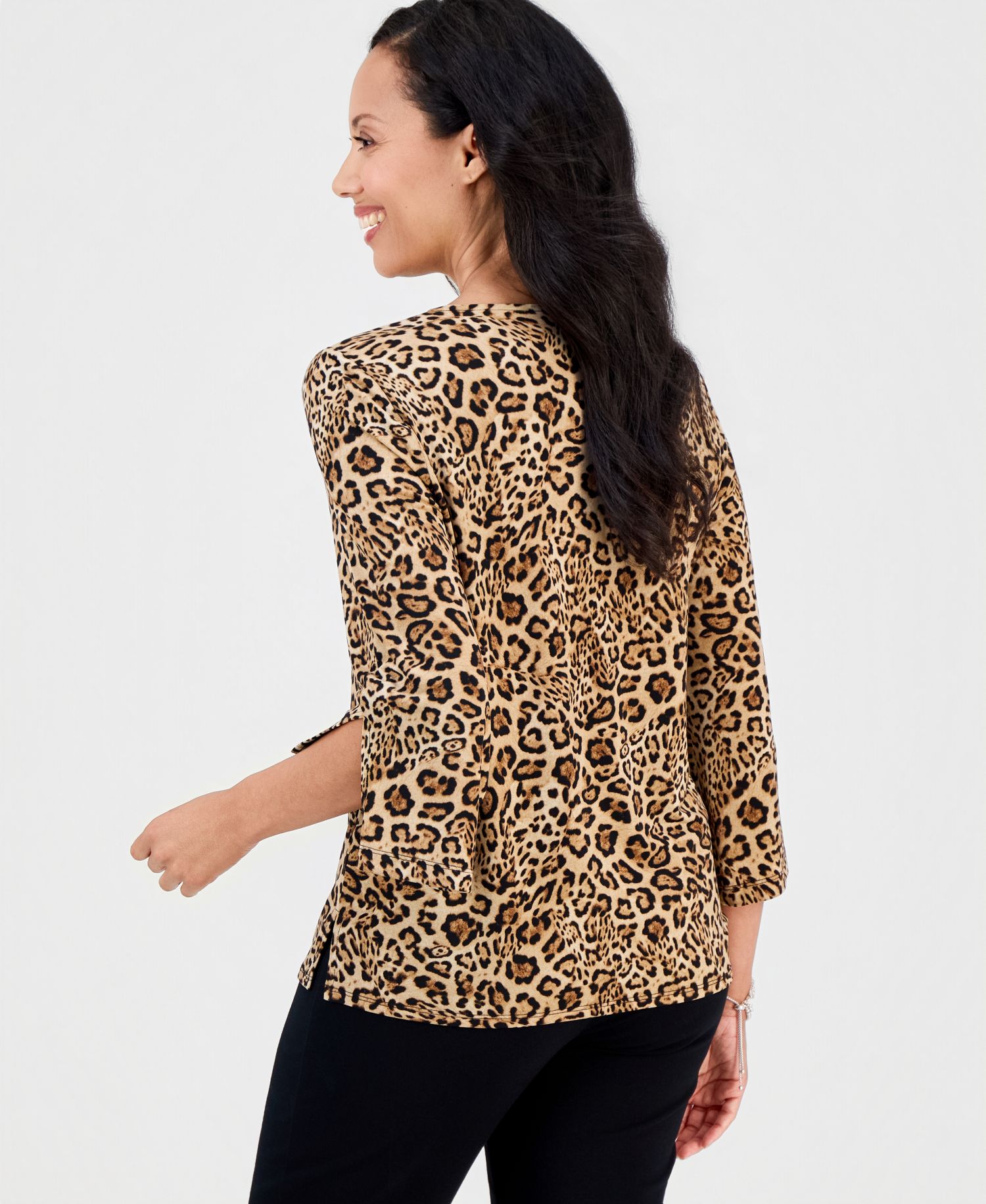 Petite Bold Leo 3/4-Sleeve Leopard-Print Zip-Front Top