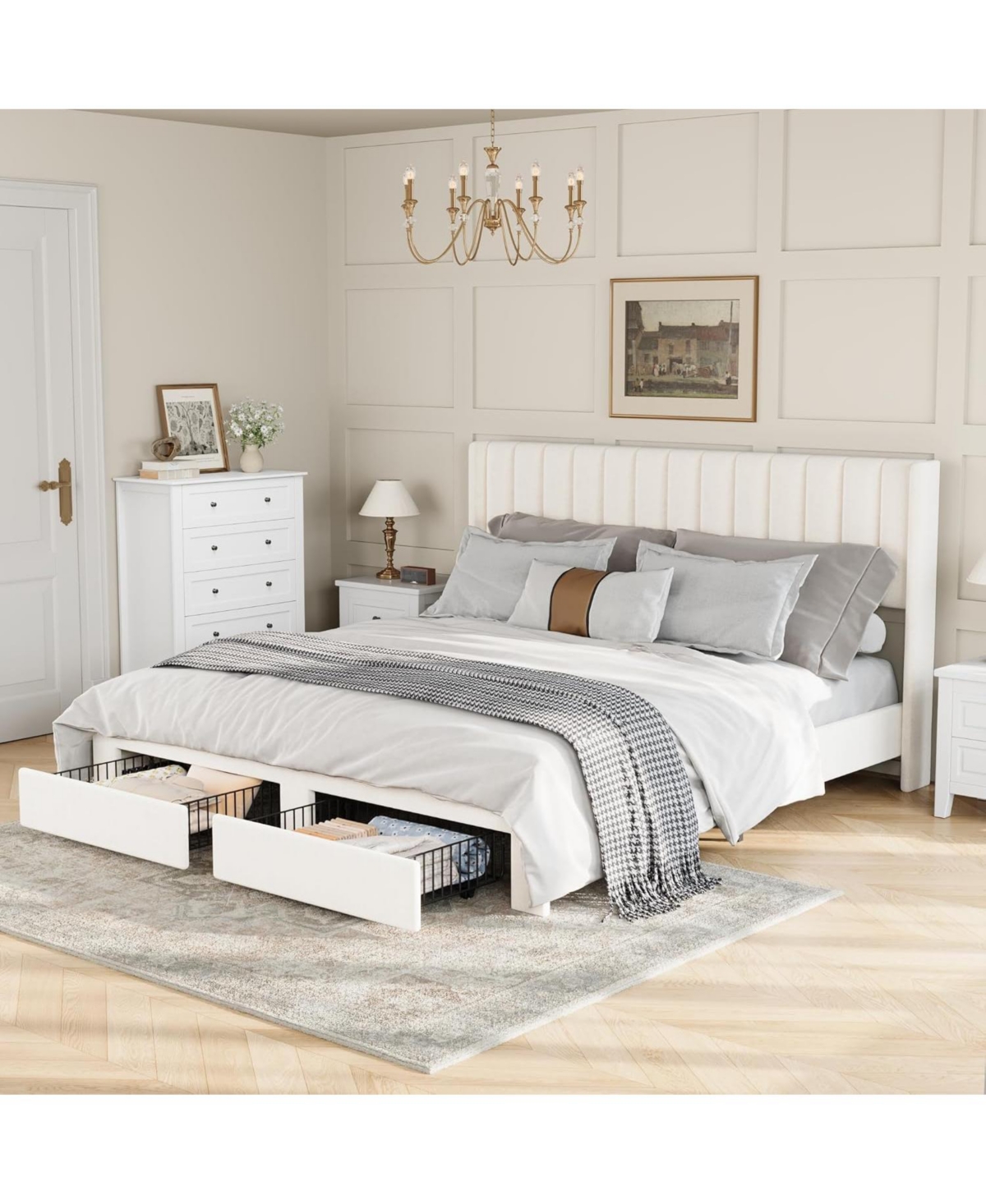 gaomon Upholstered Bed Frame with Storage Drawer, Heavy-Duty Steel Framework and Wooden Slats, Tufted Headboard, No Box Spring