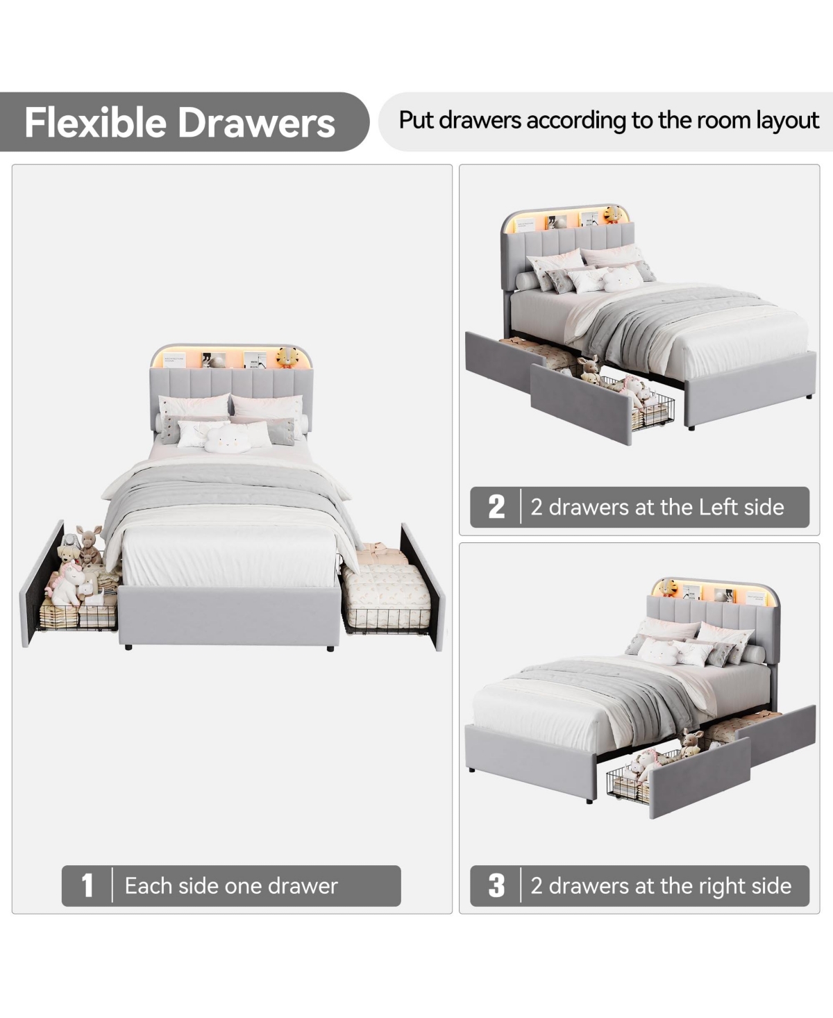 gaomon Bed Frame with Storage Headboard, Kids Bed Frame with 2 Drawers, Velvet Upholstered Platform Bed Frame with Lights