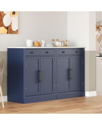Set of 2 Modern Freestanding Kitchen Pantries, Buffet Storage Cabinets with Faux Marble Tops and Drawers for Dining Room