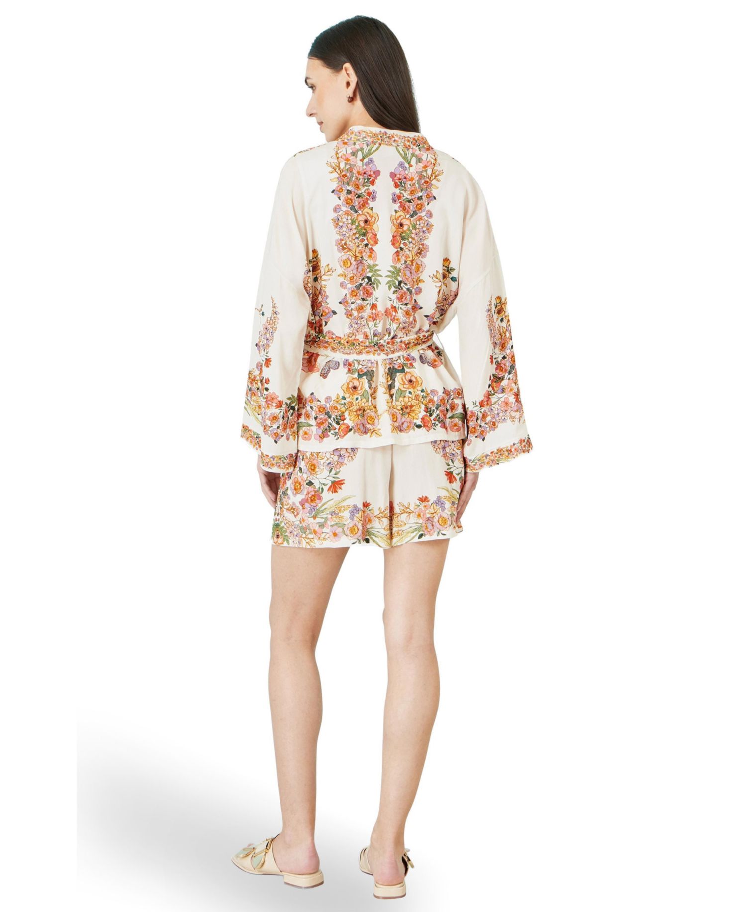 Women's Viscose Floral Border Belted Jacket