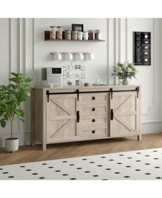 60 Inch Farmhouse Rustic Wood Sideboard Buffet with Sliding Barn Doors and 4 Drawers, Multi-use Coffee Bar and TV Console
