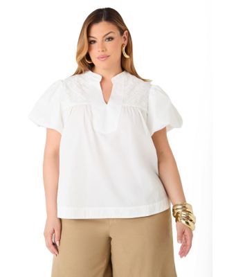 Plus Size Puff Sleeve Embroidered Women's Top
