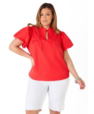 Plus Size Puff Sleeve Embroidered Women's Top