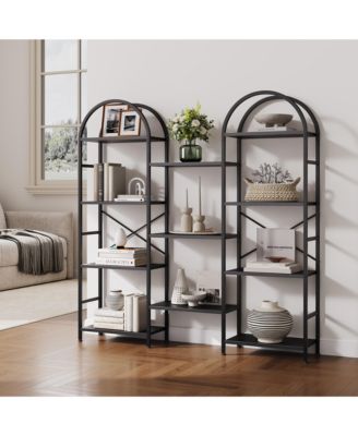 Industrial Bookshelf, 62 Inch Metal and Wood 4 Tier Arched Triple Column Bookcase with 11 Open Shelves for Living Room, Bedroom, Office
