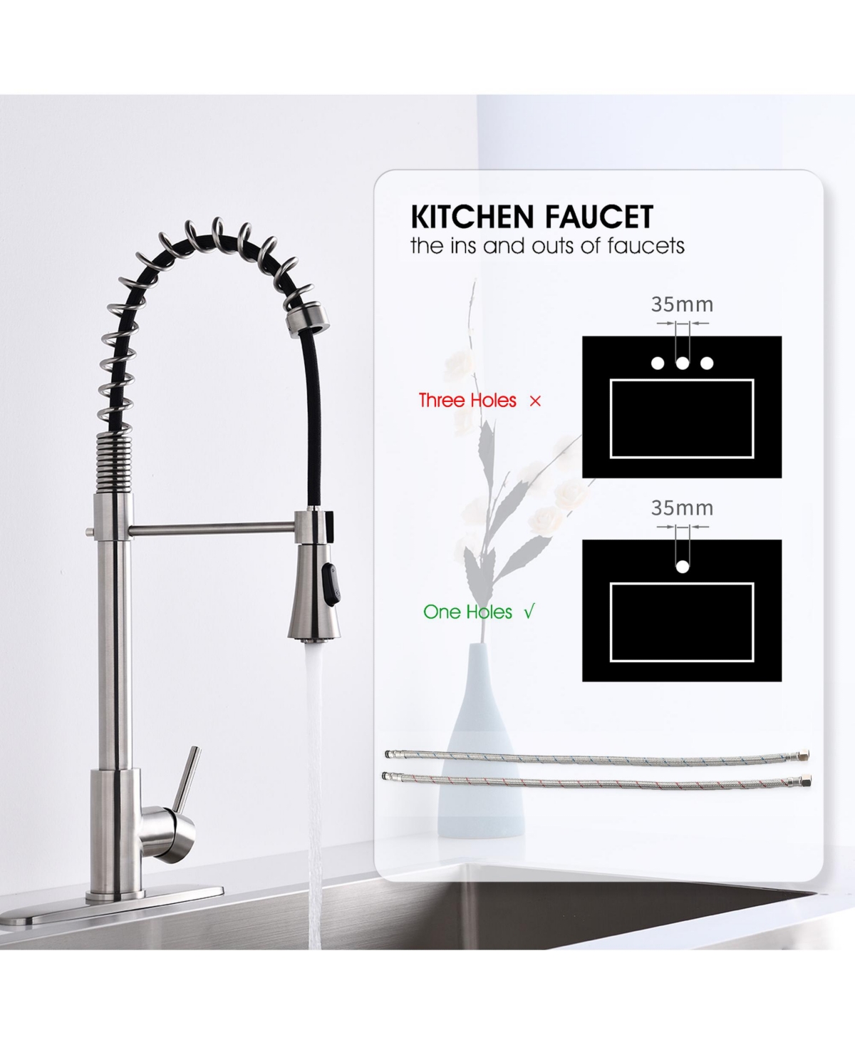Phying Brushed Nickel Single Handle Commercial Modern Spring High Arc Kitchen Faucet Water Filter System Bends as You Want
