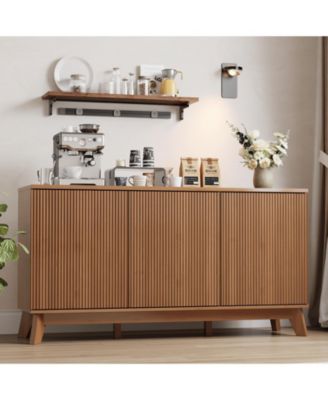 58 Inch Modern Farmhouse Fluted Wooden Credenza, 3-Door Sideboard Buffet with Adjustable Shelves, Multi-Use Storage Console